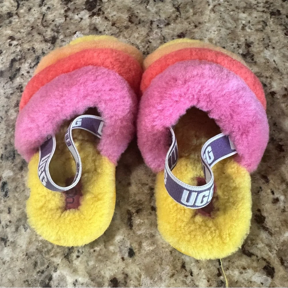 UGG Kids Multicolor Fuzzy Slide Slippers - Pink, Orange, Yellow